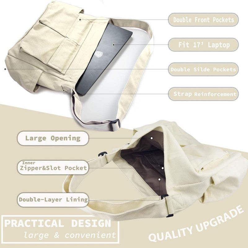 Canvas Messenger Bag Large Hobo Crossbody Multiple Pockets Shoulder Tote Unisex4