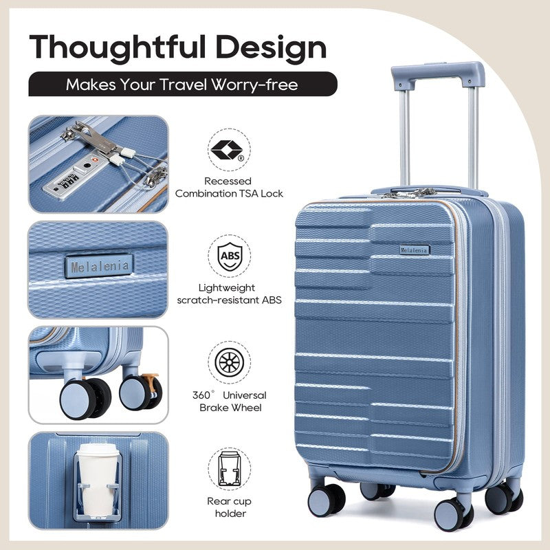 3 Piece Front Opening Cover Carry On Luggage Side Hooks TSA Lock Spinner Wheels 2