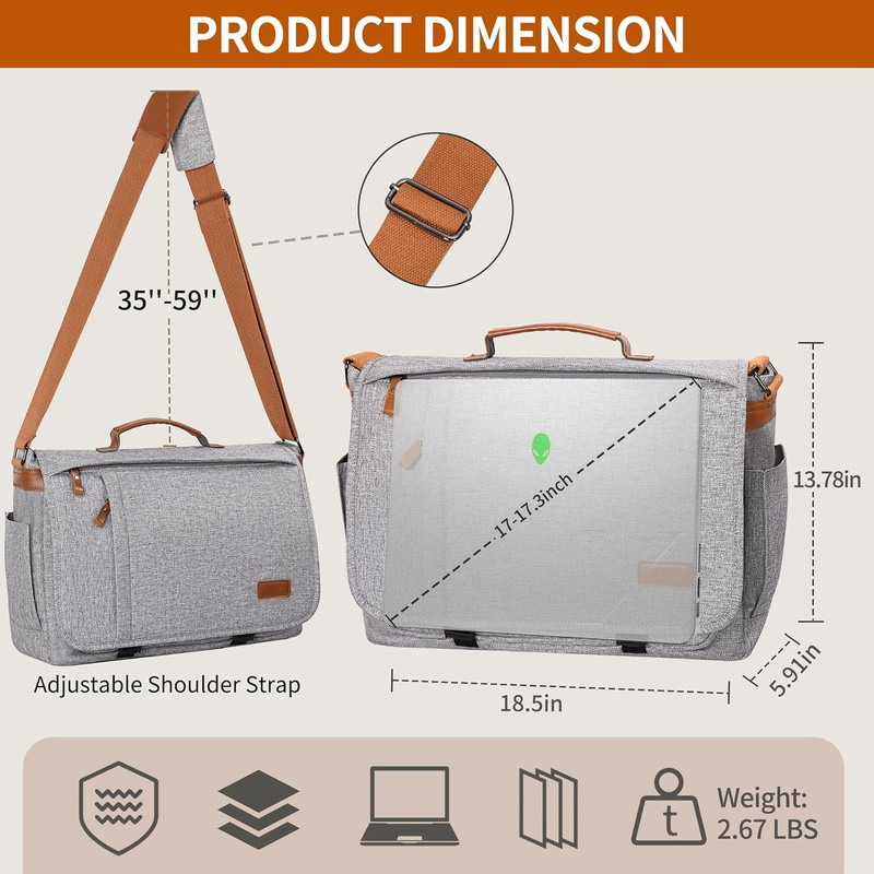 Mens Messenger Bag 17-17.3in Water Resistant Shoulder Bag Travel Light Grey5