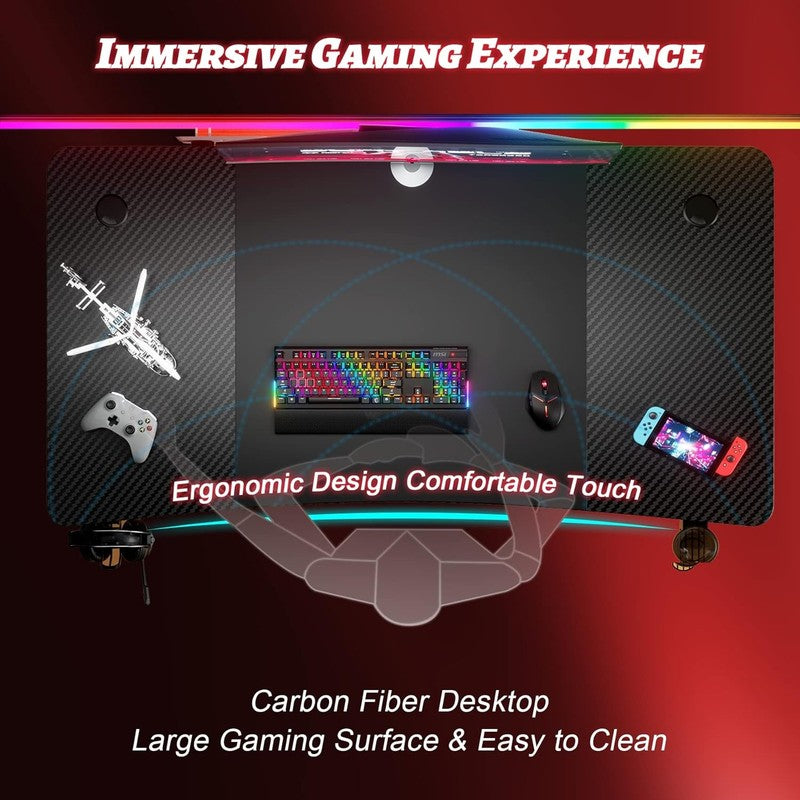 47" Gaming Desk with Cup Holder & Headphone Hook   Ergonomic Carbon Fiber Design4