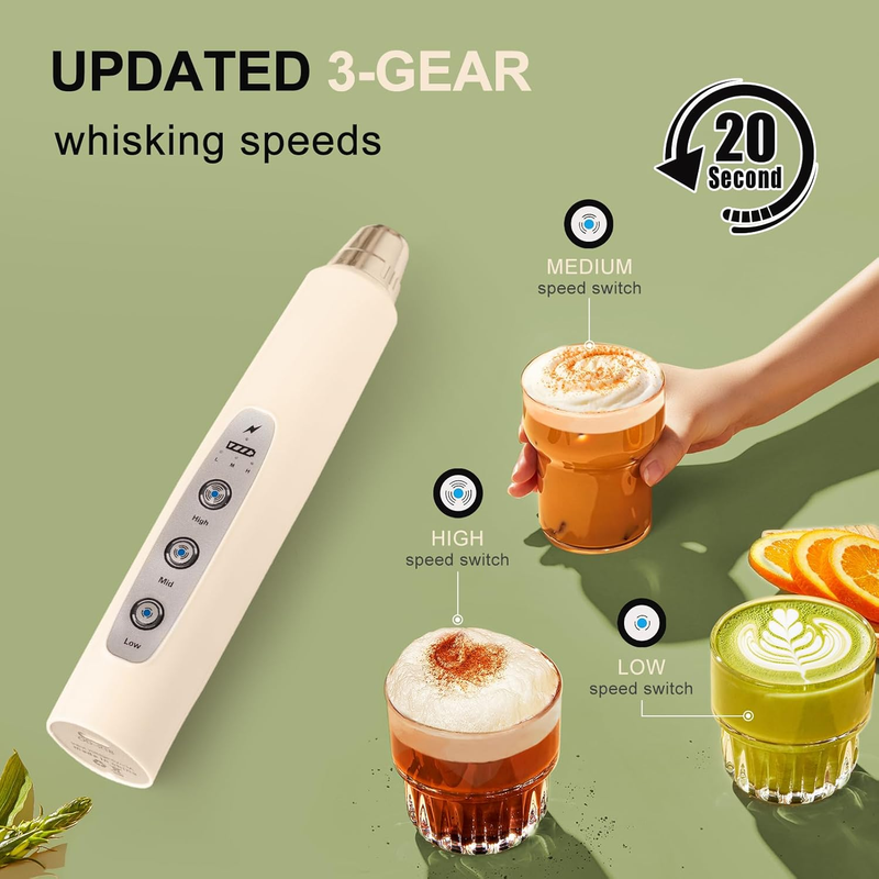 Milk Frother Handheld Beige Rechargeable 3 Speed 3 Heads Coffee Whisk2