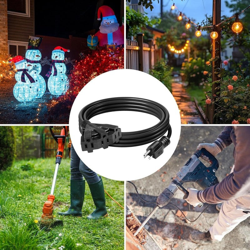 2 Pack 10FT Outdoor Extension Cord 3 Outlet 16/3 13A Black SJTW7
