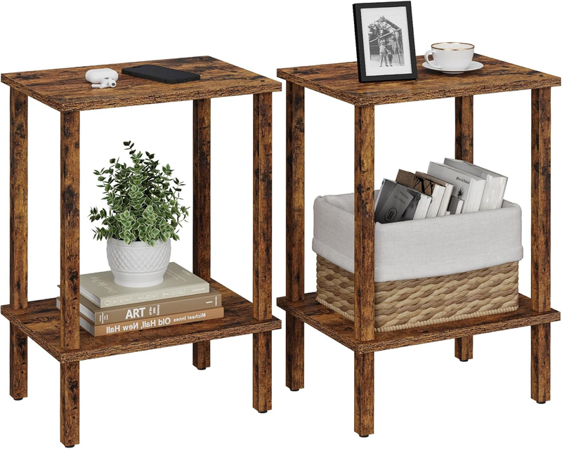 Set of 2 End Tables Nightstand 2 Tier Storage Shelf Side Table Brown9