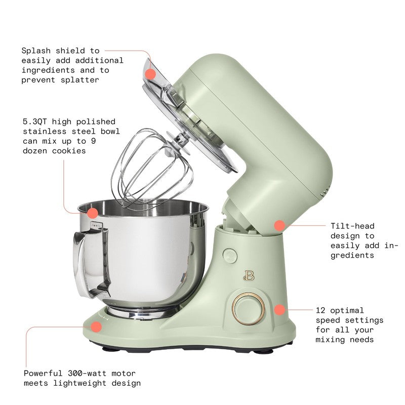 Beautiful 5.3 QT Stand Mixer w/ Flat Beater, Dough Hook by Drew Barrymore Sage2