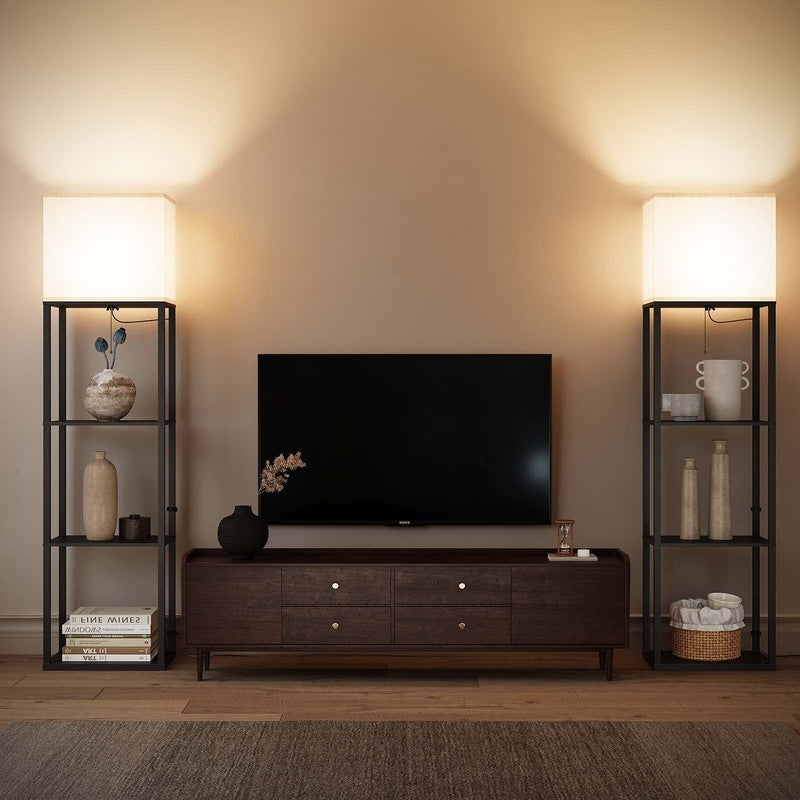 Large 4-Tier Wood Floor Lamp with Shelves, 3-Color LED, Modern Living Room4