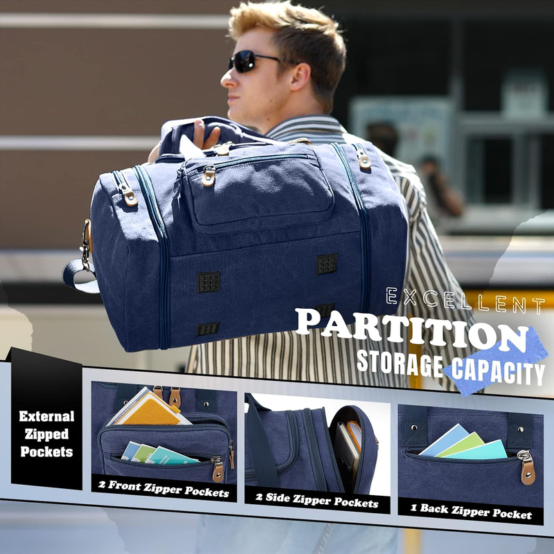 Canvas Duffle Bag for Travel 50L Expandable Duffel Weekend Overnight Bag MenBlue6