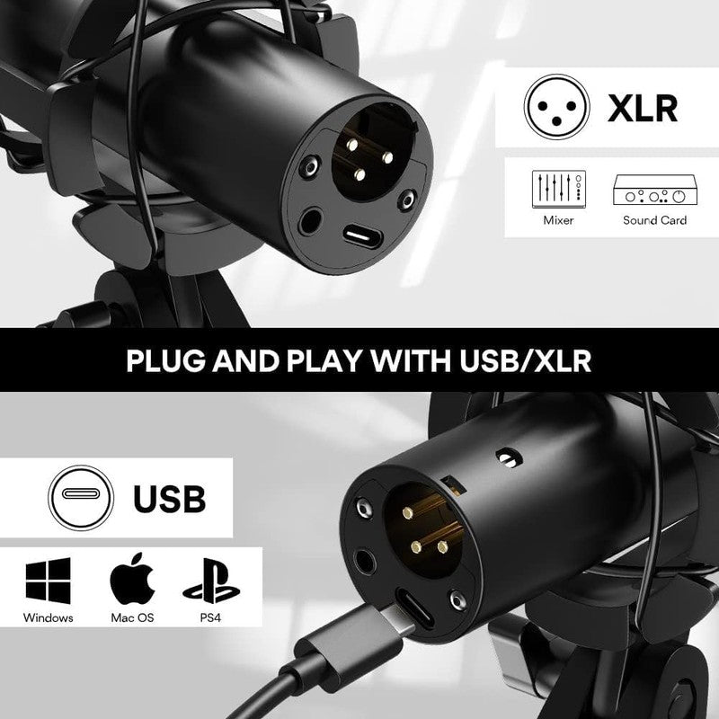USB XLR Dynamic Podcast Microphone Kit w/ Volume Control Pop Filter HD300T1