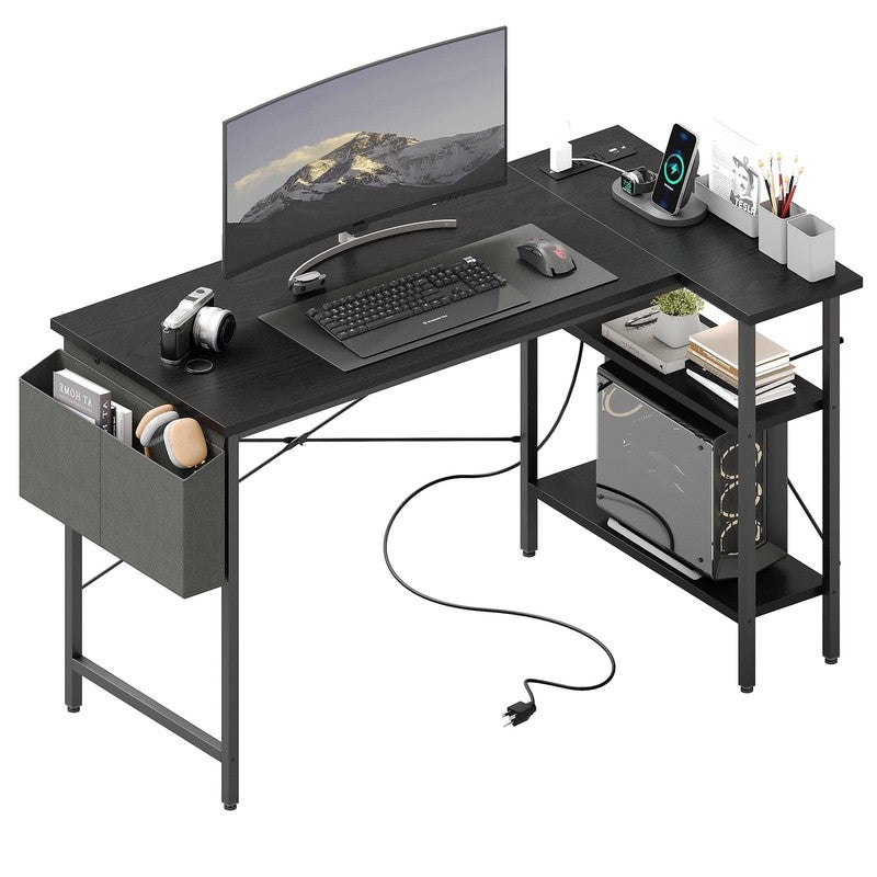 39 Inch Small L Shaped Computer Desk with Power Outlets, Corner Gaming Table wit1