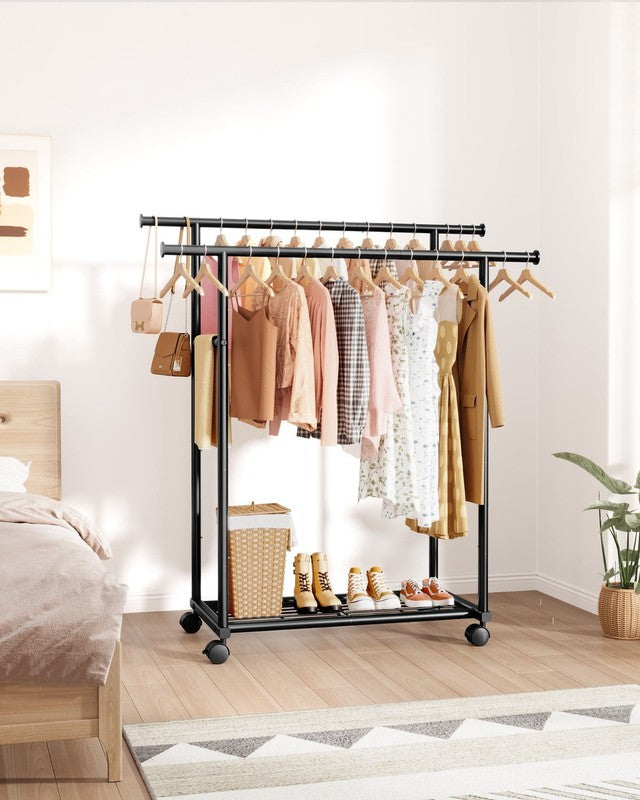 Clothes Rack with Double Hanging Rods and Bottom Shelf, Rolling Metal Garment Ra1