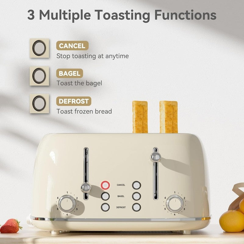4-Slice Retro Toaster Cream 6 Shade Settings Cancel/Defrost/Reheat Wide Slots2