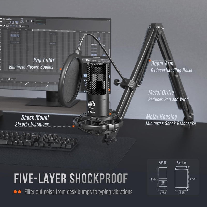 USB Studio Condenser Microphone Kit w/ Boom Arm for PC Streaming T6695