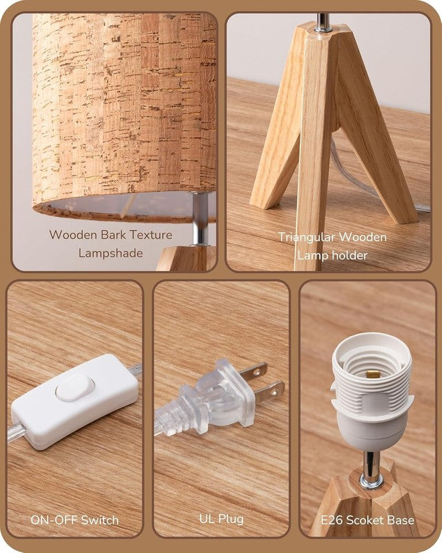 Small Table Lamp Wooden Tripod Bedside Lamp Linen Shade E26 14.2in3
