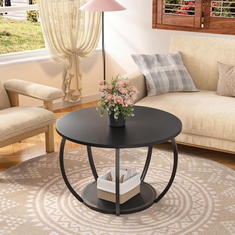 Round 2 Tier Coffee Table with Storage 27.6" Adjustable Feet, Black5
