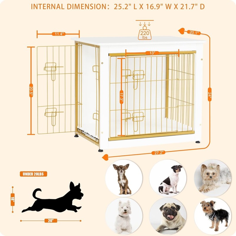Dog Crate Furniture Table w/Cushion Wooden Kennel Double Door 27.2" White2
