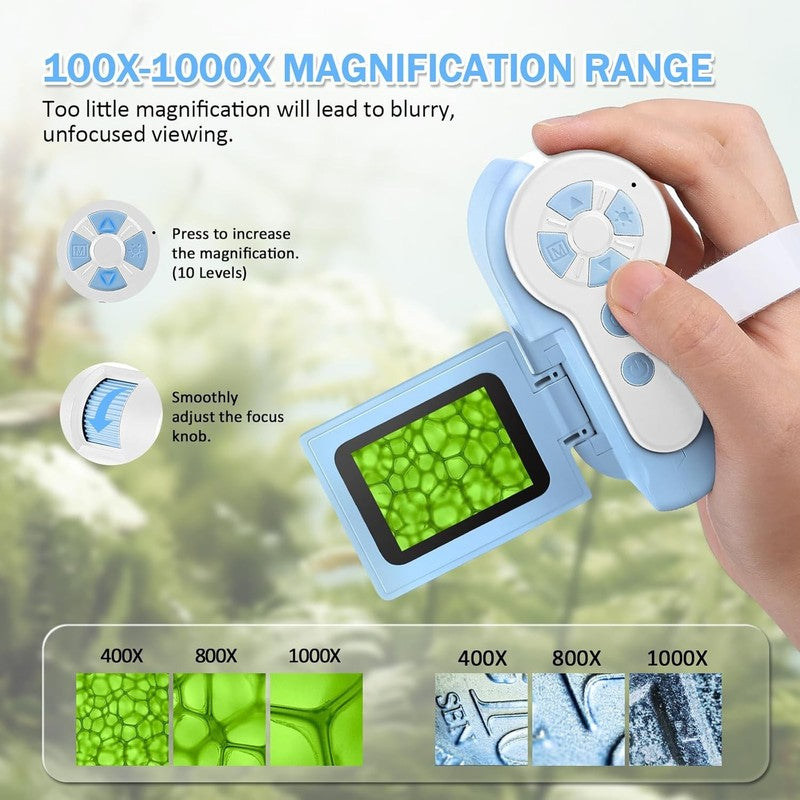 Kids Digital Microscope 1000X Handheld 4K 2.0" Screen Pocket Scope Blue 32GB3