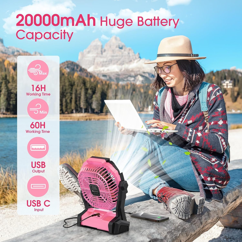 Portable Rechargeable Fan 20000mAh Cordless Table Fan w/ LED Lantern USB-C1