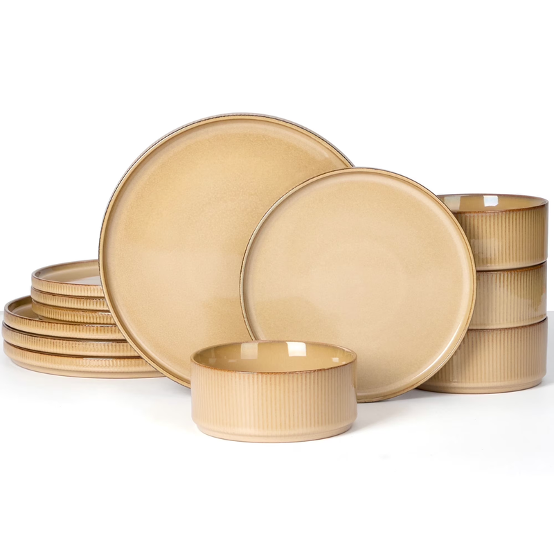 Dinnerware Set for 4, 12 Piece Stoneware Ribbed Dishes with Reactive Glaze, Cera0