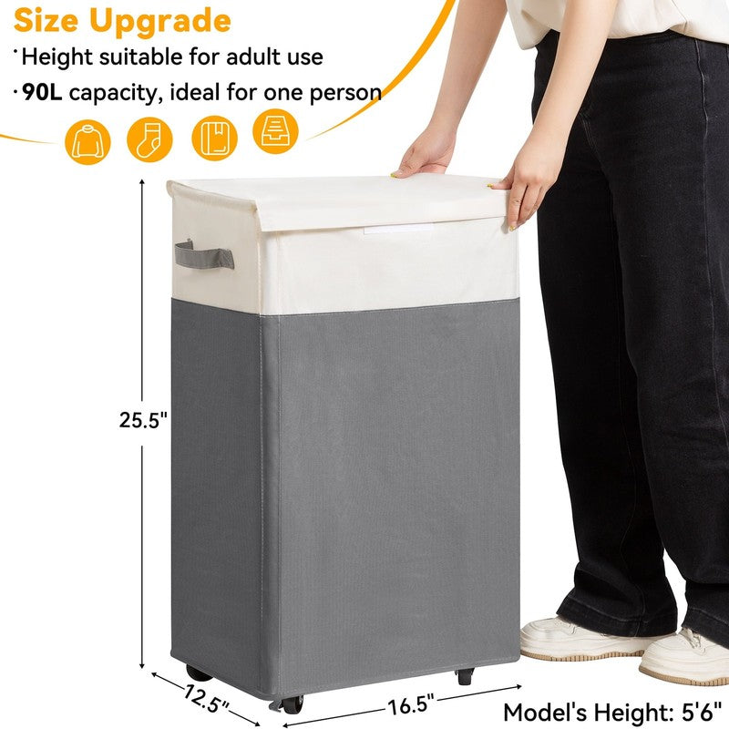 90L Rolling Laundry Hamper w/ Lid & Wheels, Collapsible Basket – Gray, 27.6"2