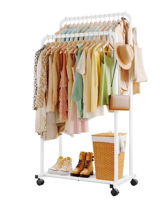 Double-Rod Clothes Rack with Hooks & Mesh Shelf Portable Hanger White9