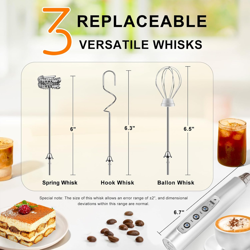Milk Frother Handheld Rechargeable 3 Speed 3 Heads Silver Coffee Whisk4