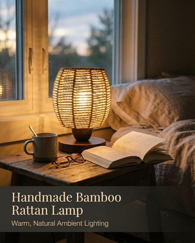 Rattan Table Lamp Boho Small Bedside Wicker Nightstand Wooden LED Lamp1