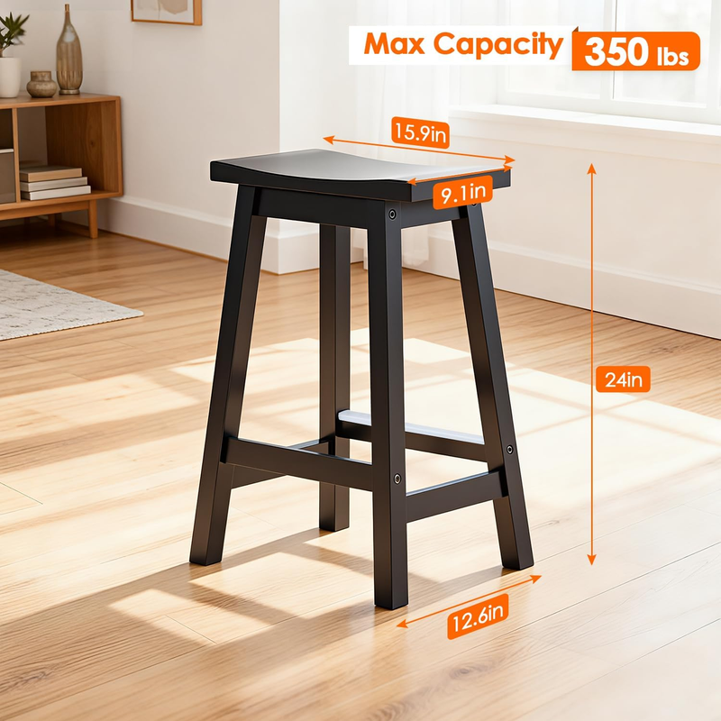Bar Stools Set of 2, Wooden Saddle Stools 24 Inch Heigh, Bar Chairs Seat with Fo2