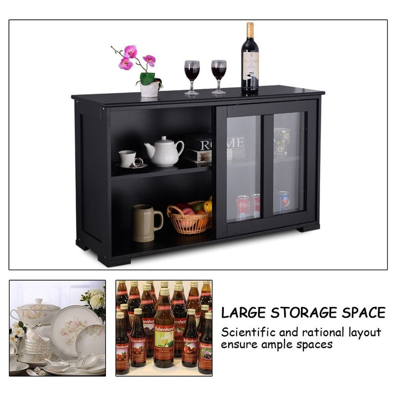 Black Kitchen Sideboard Buffet Storage Cabinet with Glass Sliding Doors6