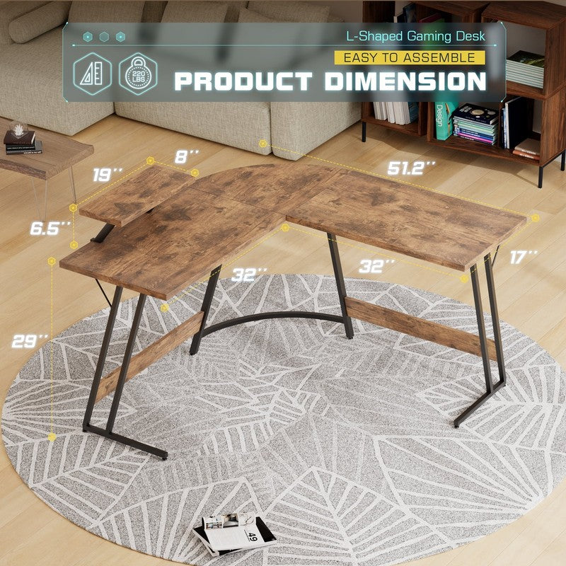 51" L-Shaped Gaming Desk Corner Office with Removable Monitor Riser Brown3