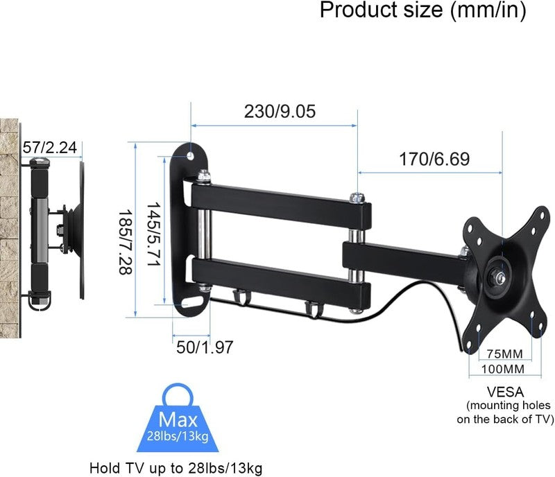 Full Motion TV Wall Mount for 15–32" LED LCD, Swivel Tilt, VESA 75/1006