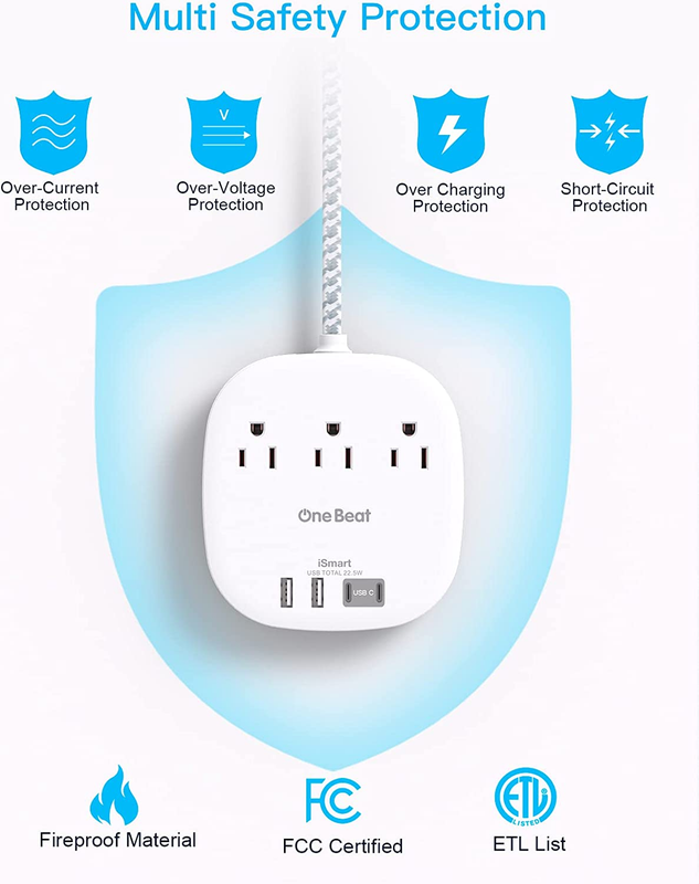 Flat Plug Power Strip 3 Outlets 4 USB 2 USB C 6FT Cruise Approved6