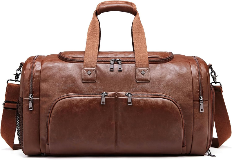 Leather Travel Duffle Bag Waterproof Weekender Shoe Compartment Gym Travel Bag8