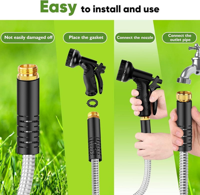100FT Stainless Steel Garden Hose with 10 Function Nozzle, No Kink Design4