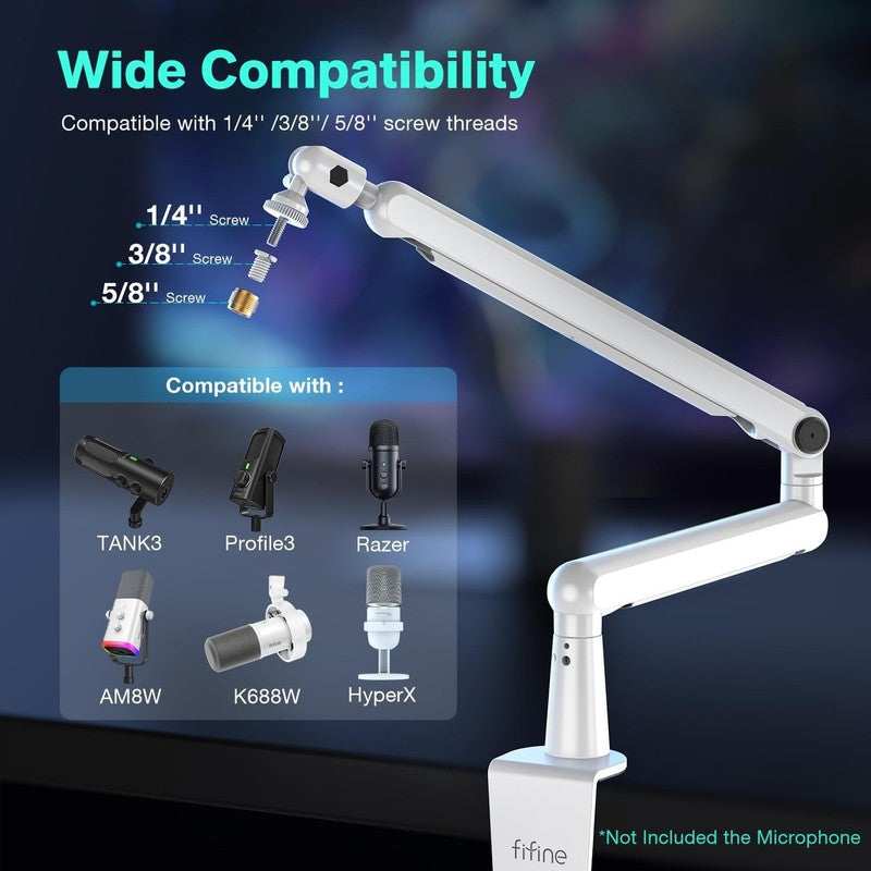 Low Profile White Boom Arm Mic Stand with Desk Clamp & Cable for Recording3