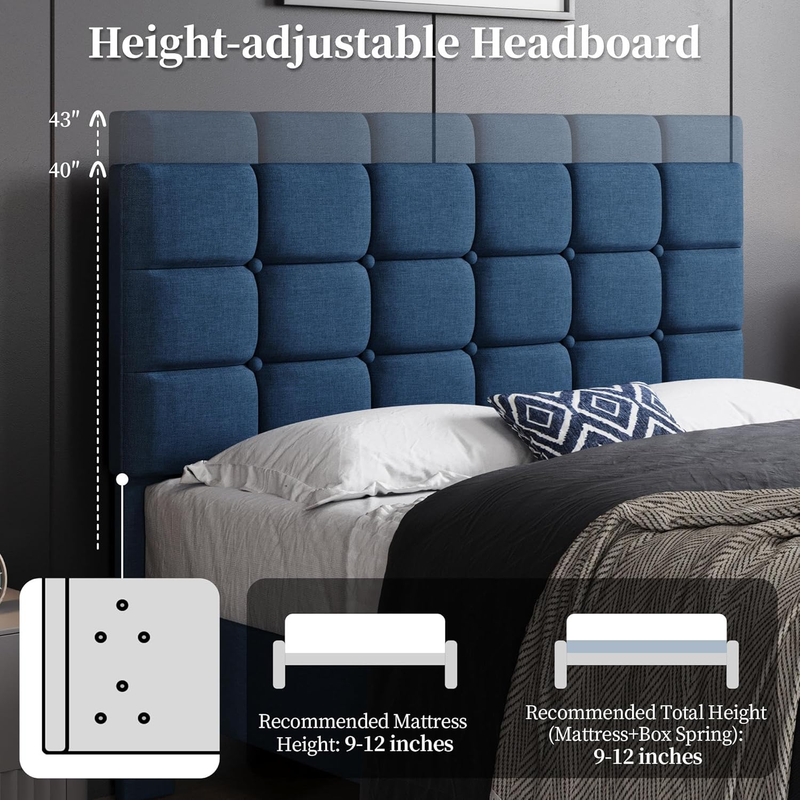 Upholstered Full Bed Frame Tufted Headboard Adjustable Wood Slats Navy Blue4
