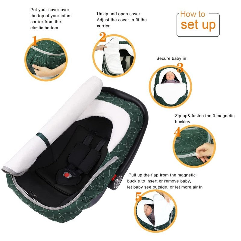 Winter Baby Car Seat Cover, Plush Fleece Canopy for Infants, Dark Green3