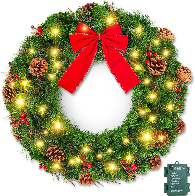 24" Pre-Lit Christmas Wreath Battery LED Pinecones Red Berries Front Door Decor0