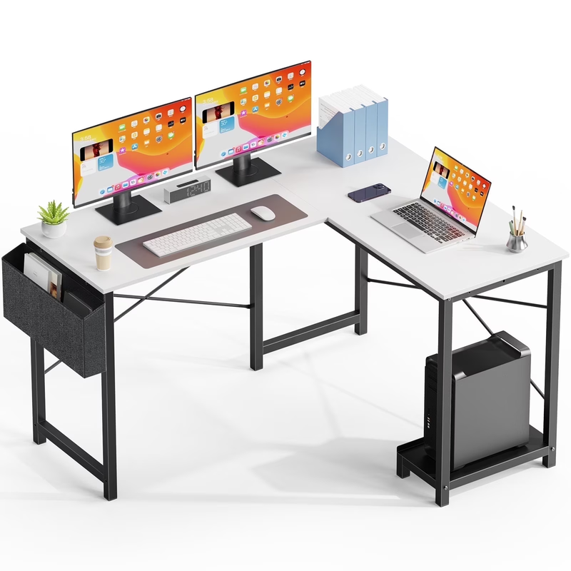 49" Modern L Shaped Computer Desk w/ Storage Shelf & Side Bag White9