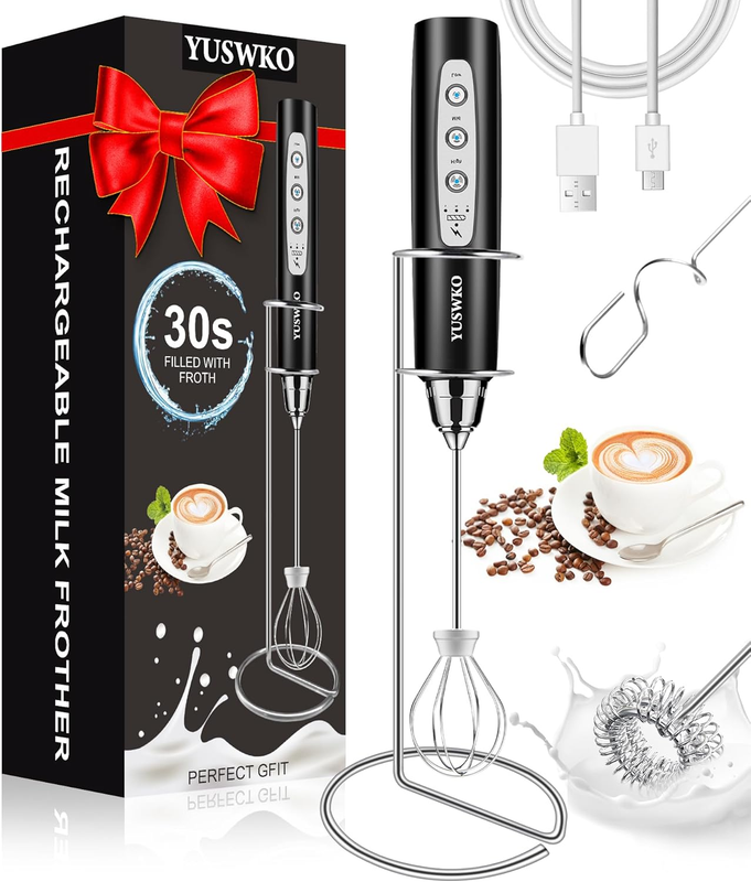 Milk Frother Handheld Rechargeable Coffee Mixer 3 Heads 3 Speeds Stand11
