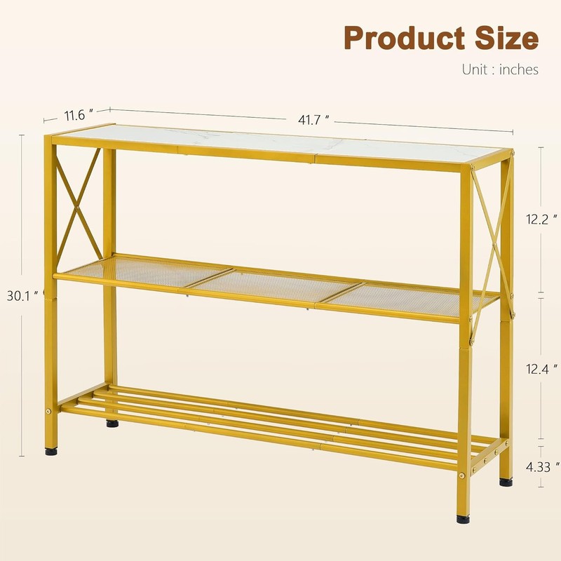Gold Console Table 3 Tier Entryway Hallway Narrow Sofa Table White Shelves1