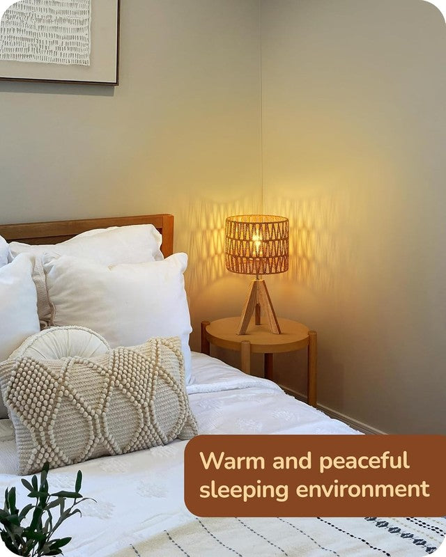 Small Table Lamp Rattan Wood Tripod Bedside Boho Nightstand Lamp E266