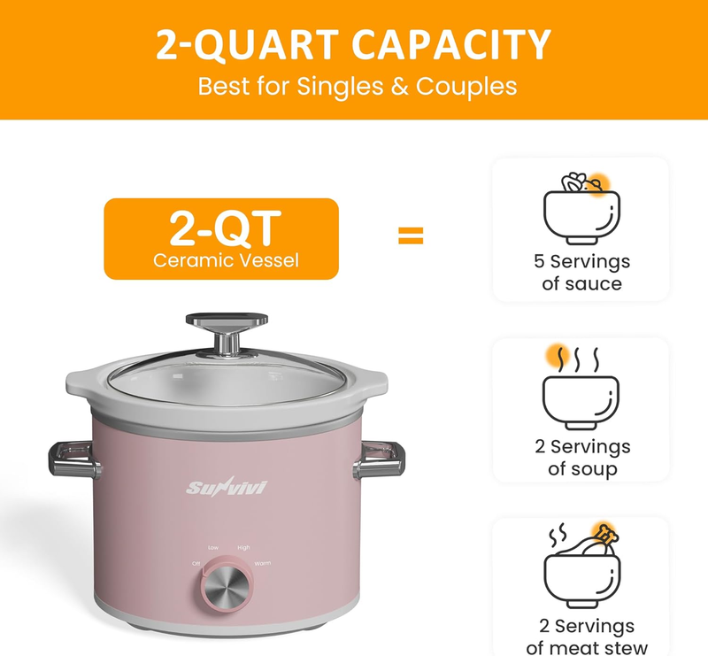 2Qt Slow Cooker Small Removable Ceramic 3-Setting Pink Food Warmer8