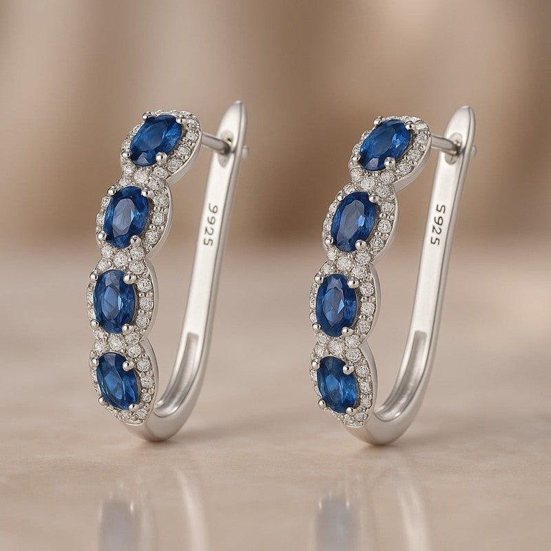 Blue & White Sapphire Halo Earrings in 14K White Gold Plated3