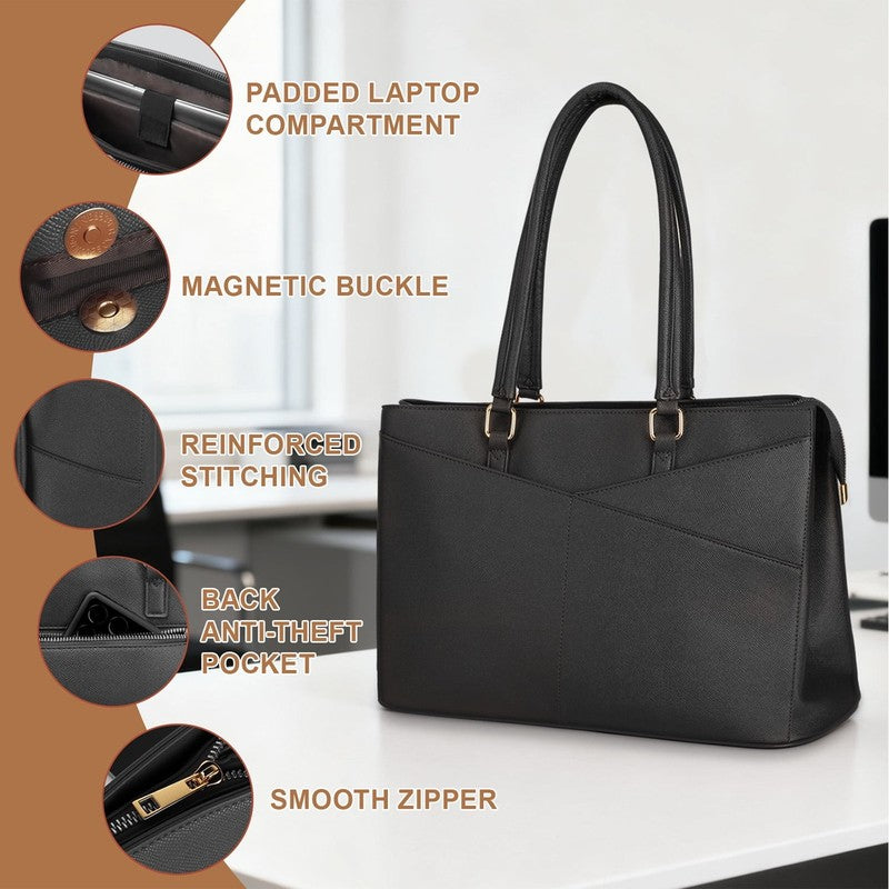 15.6 Inch Leather Laptop Tote Bag Waterproof Work Office Briefcase Black5