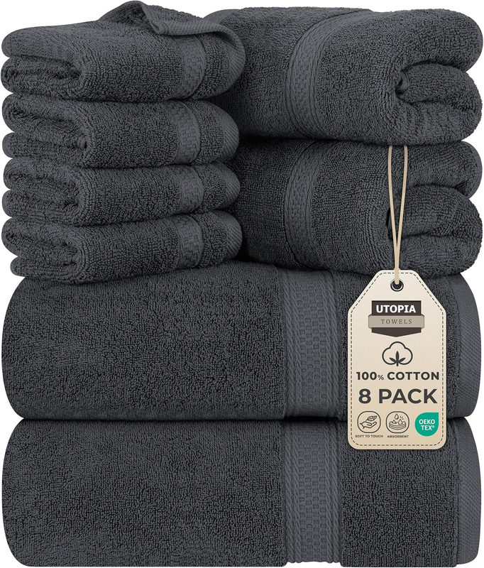 8 Piece Towel Set Grey 100% Cotton 600 GSM Bath Hand Wash Towels Absorbent0