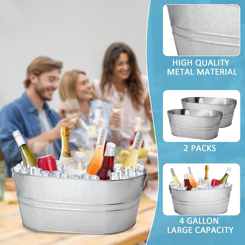 2 Pack 4 Gallon Galvanized Ice Buckets Beverage Tub w/ Handles Scoop Party1