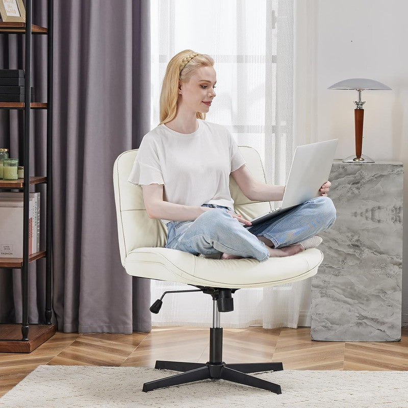 Armless Criss Cross Office Chair Beige PU Leather Swivel No Wheels Desk Chair7