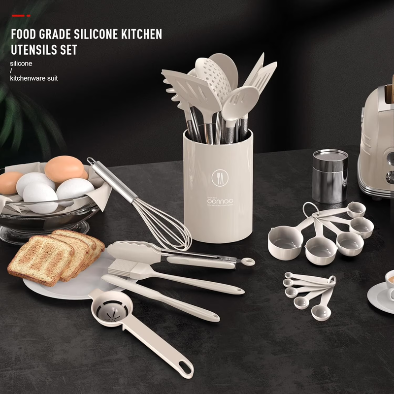 Large Silicone Kitchen Utensil Set Heat Resistant Nonstick Khaki2