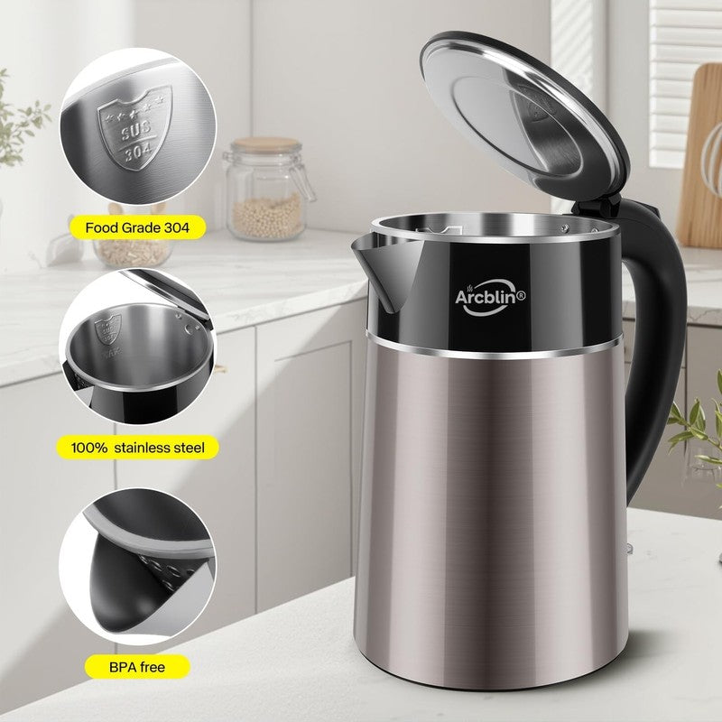 Electric Kettle 1.8L 1350W Double Wall Stainless Steel Auto Shut Off Dry Gold1