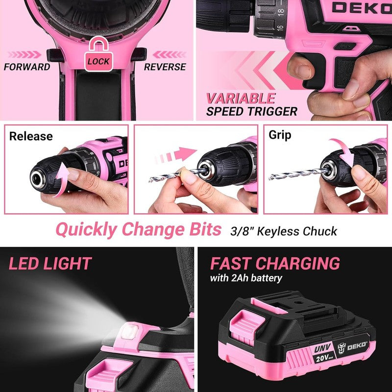 20V Cordless Drill Tool Kit Pink Electric Drill Driver w Battery & Toolbox3