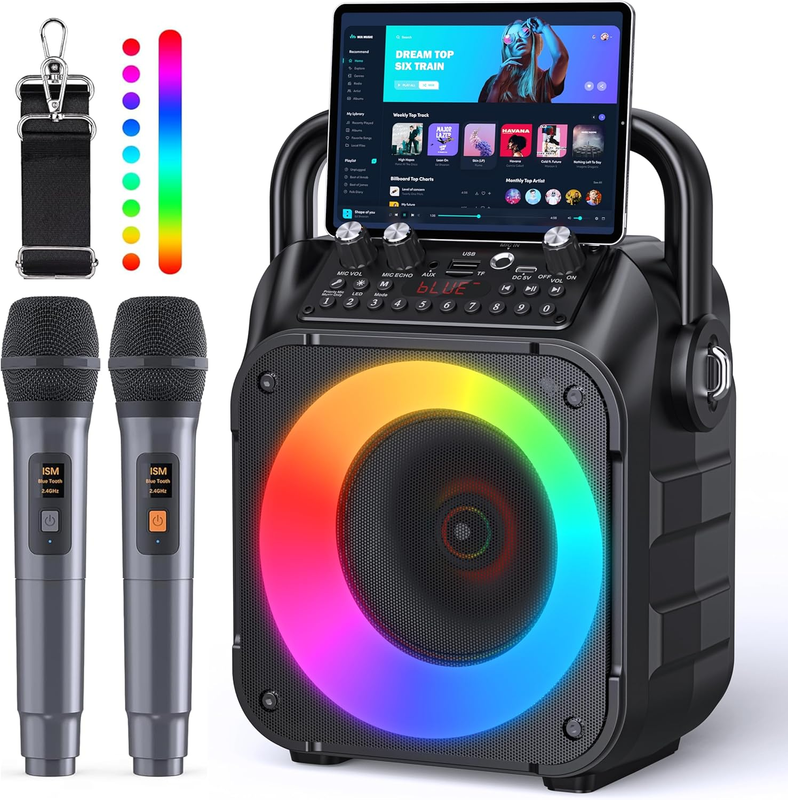 Karaoke Machine, Portable Bluetooth Speaker with 2 Wireless Microphones for Adul0